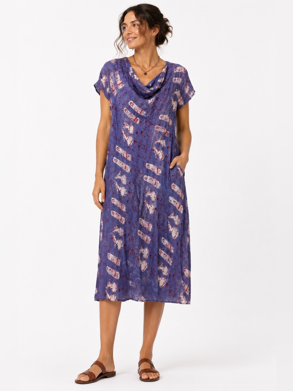 People Tree Large Purple Graphic Print Cowl Neck Midi Dress Boho Artsy Yoga